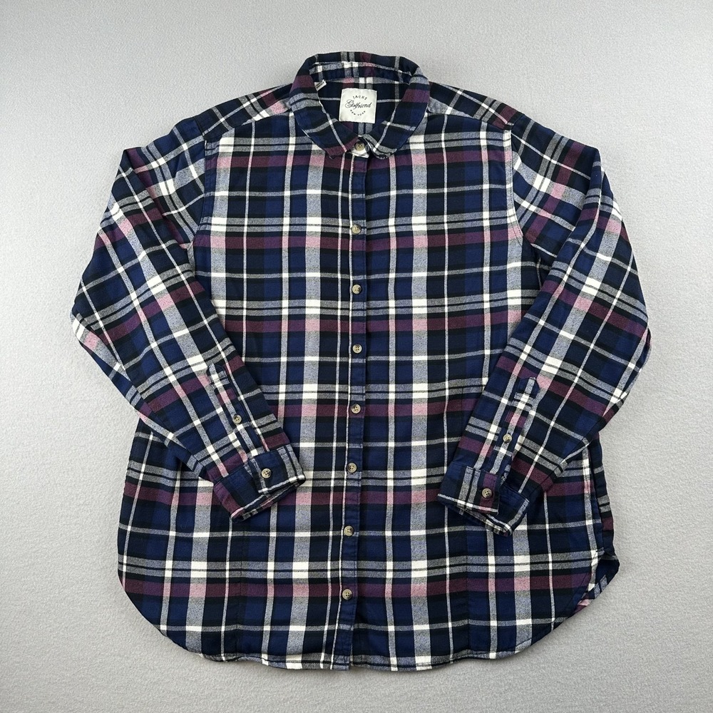 JACHS Girlfriend Women's Navy Plaid Button Up Flannel Shirt Size Large Button Up